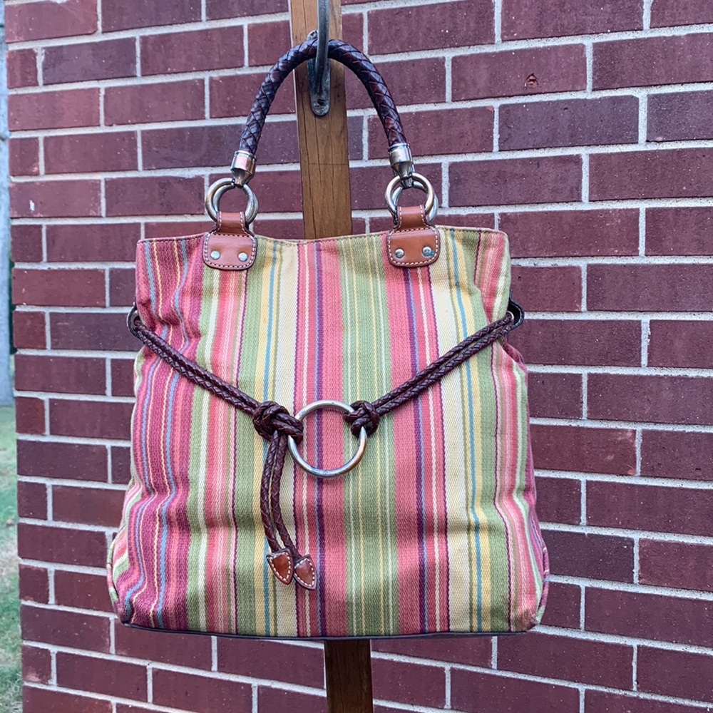 Gently Used Fossil - Colorful Striped Cloth Handbag with Braided Leather Handles
